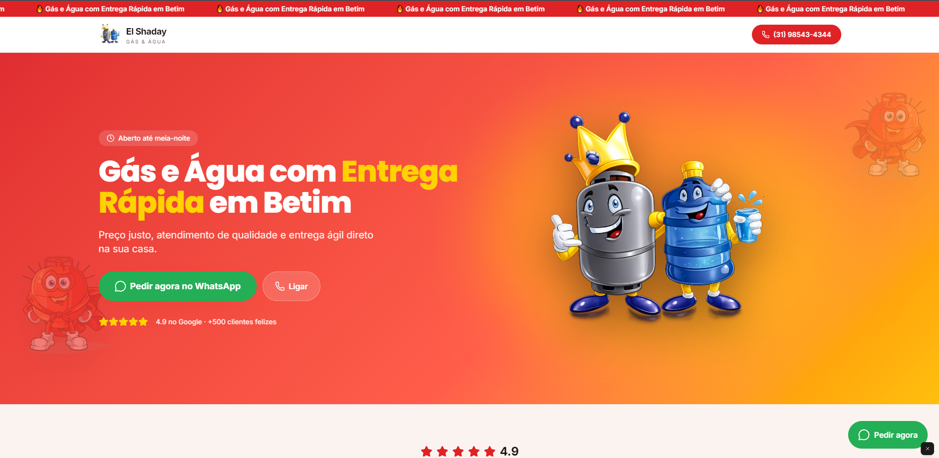 Landing page entregue para El Shaday Gás & Água